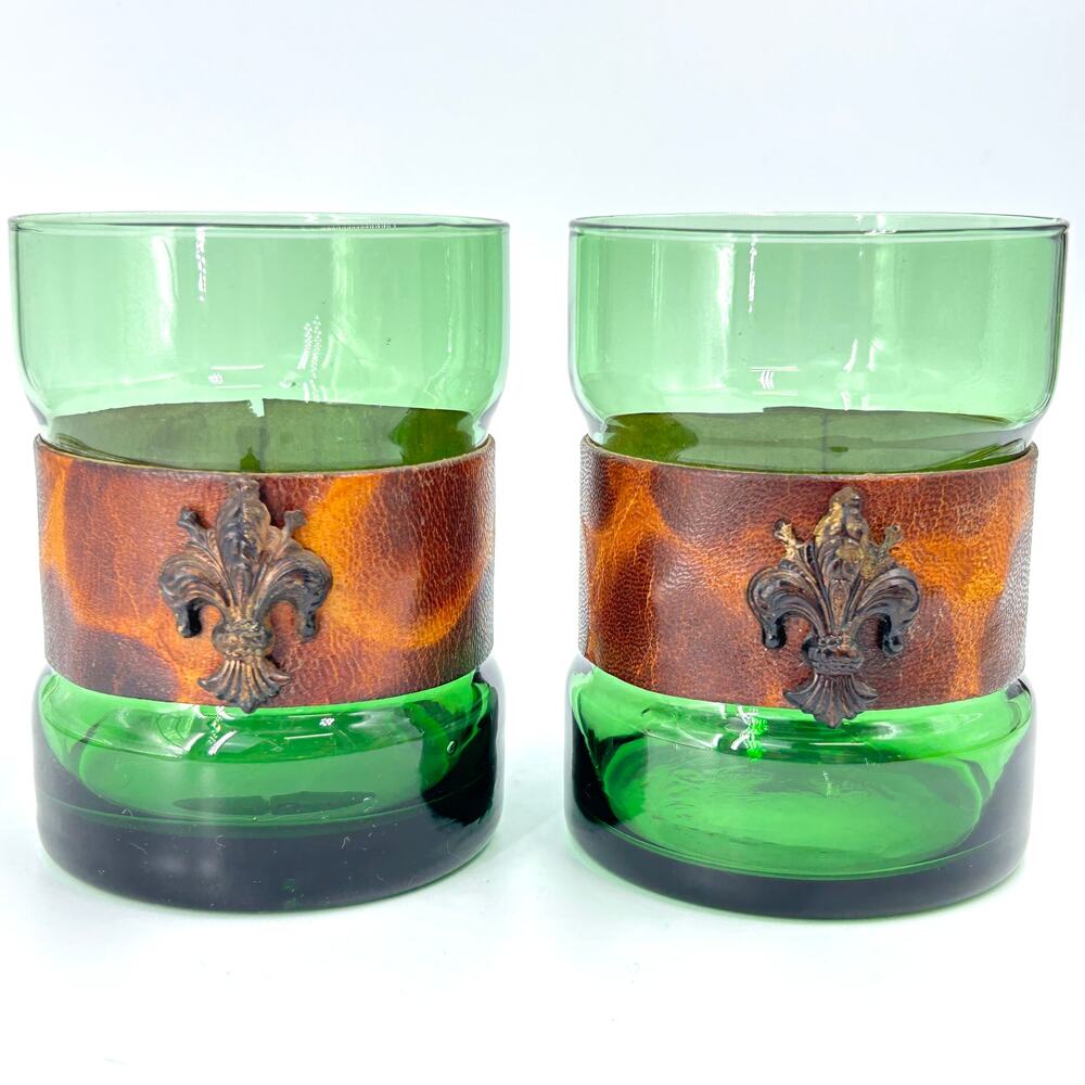 Green Glass Barware Glasses Leather Band & Medallion -Pair Drinking Cups Vtg MCM